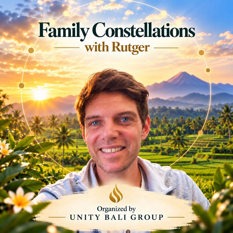 Rutger smiling in front of Bali rice fields at sunrise — Family Constellations poster